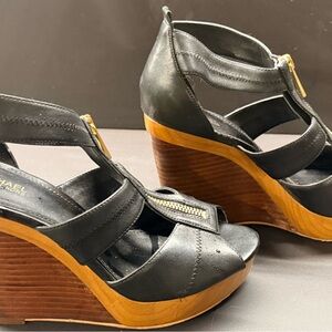 Michael Kors Black Leather Wedges with Tan Soles